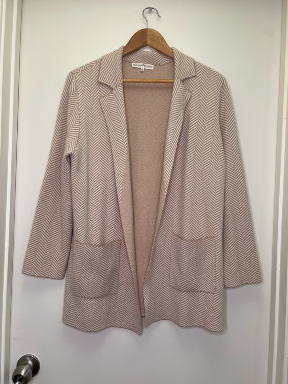 Madison Hudson Beige Herringbone Knit Blazer Cardigan XL Soft Office Chic Layer - Picture 2 of 7